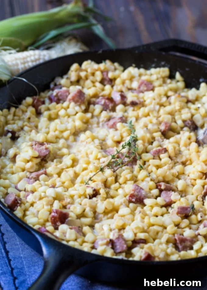 Another perspective of Creamed Corn with Smoked Sausage in a bowl, ready to serve