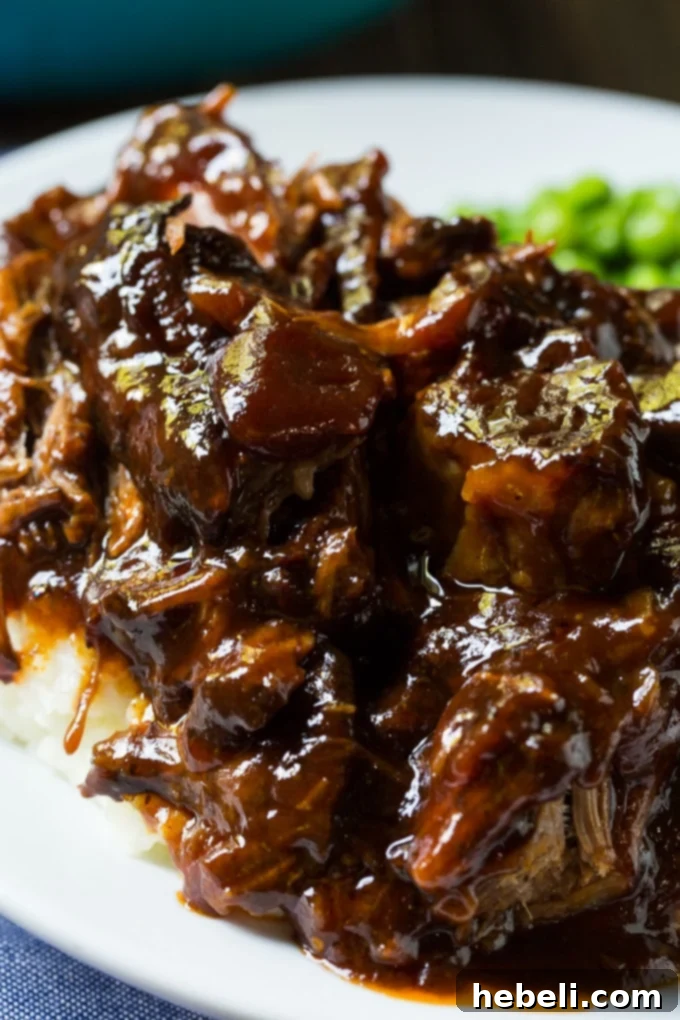 Close-up of shredded BBQ Pot Roast