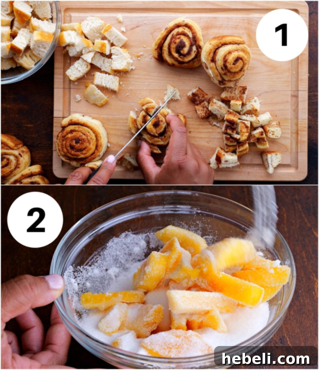 Comforting Peach Cinnamon Bread Pudding 5 A collage of process images showing the preparation of peach bread pudding. One image displays cinnamon rolls being cut into pieces, while another shows sliced peaches being stirred with sugar in a bowl.