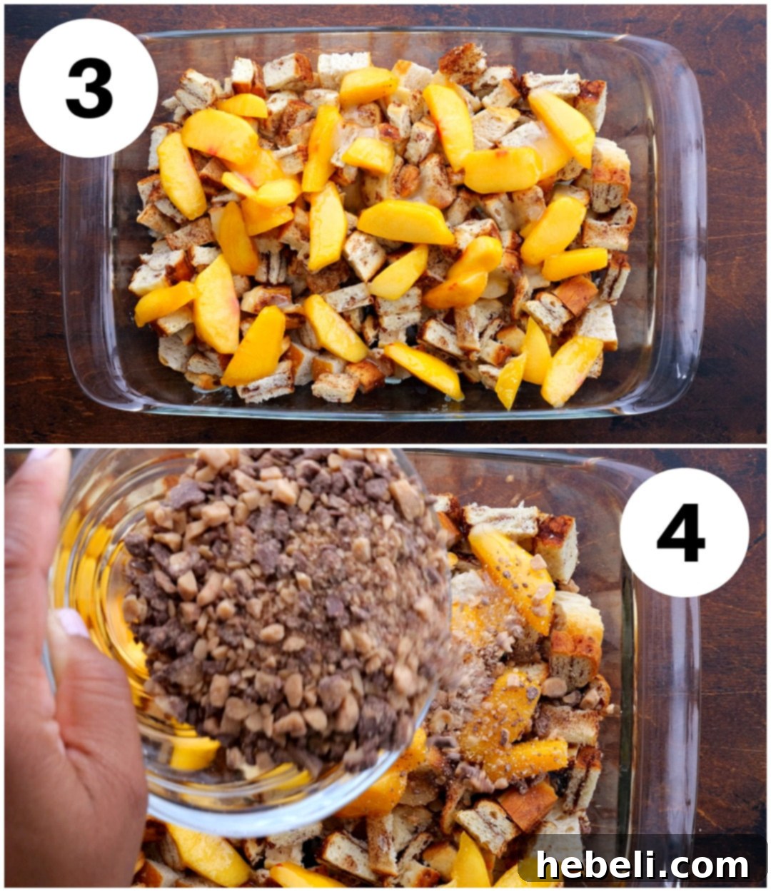 Comforting Peach Cinnamon Bread Pudding 6 A collage demonstrating the bread pudding assembly: cinnamon rolls and peaches are arranged in a baking dish, followed by toffee bits being sprinkled on top, preparing for the liquid mixture.