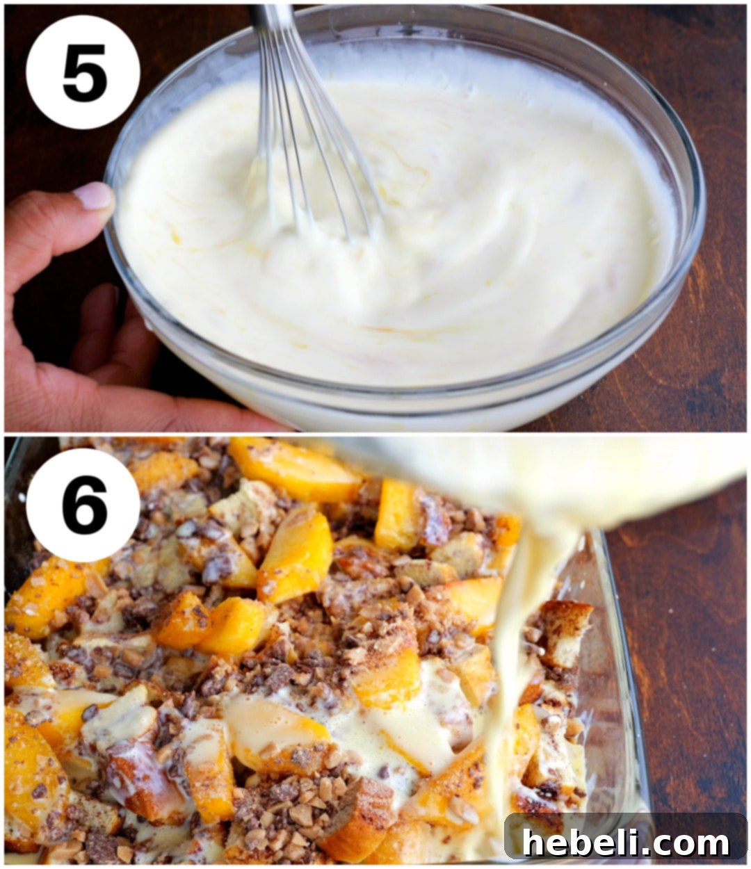 Comforting Peach Cinnamon Bread Pudding 7 A collage illustrating the bread pudding's final stages: liquid ingredients are whisked together in a bowl, then poured over the assembled ingredients in the baking dish, ready for baking.