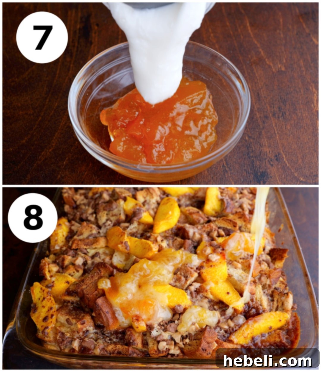Comforting Peach Cinnamon Bread Pudding 8 A collage showing the final touches of the bread pudding: the luscious glaze is mixed in a small bowl, then generously drizzled over the freshly baked Cinnamon-Peach Bread Pudding.
