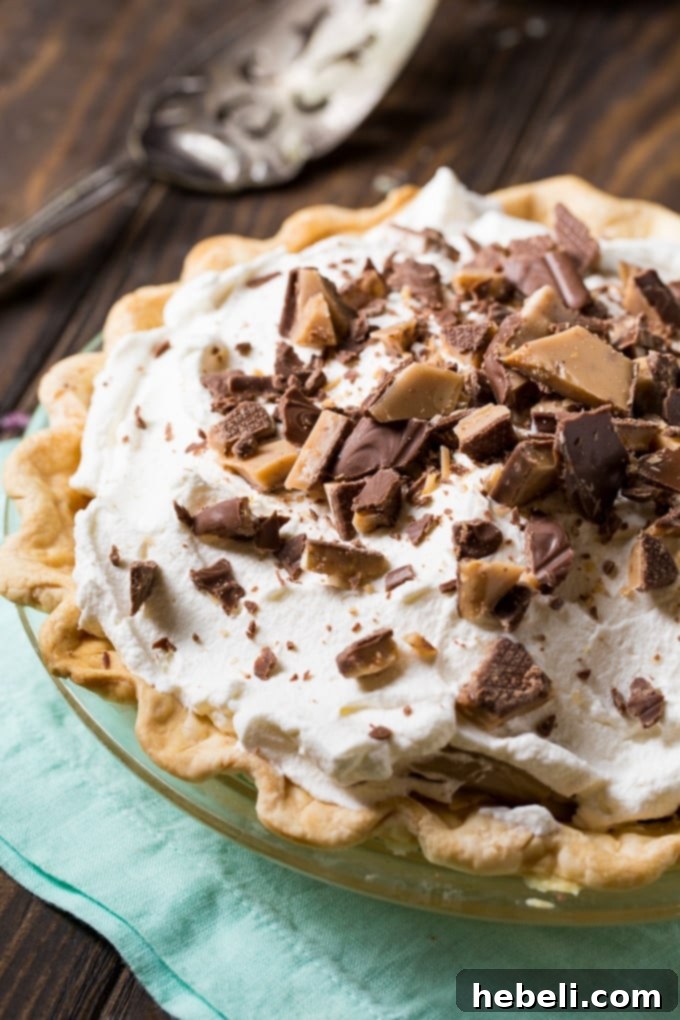 Close-up of the Butterscotch Pudding Pie with a generous layer of whipped cream