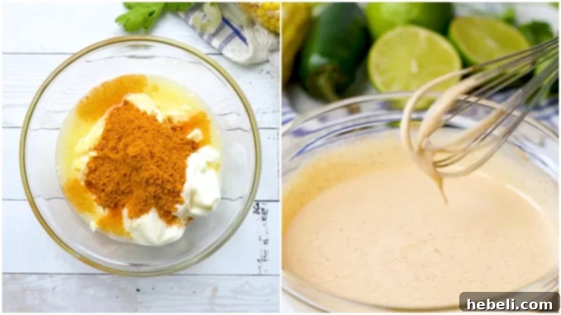 Mixing the creamy dressing ingredients for Mexican coleslaw in a bowl.