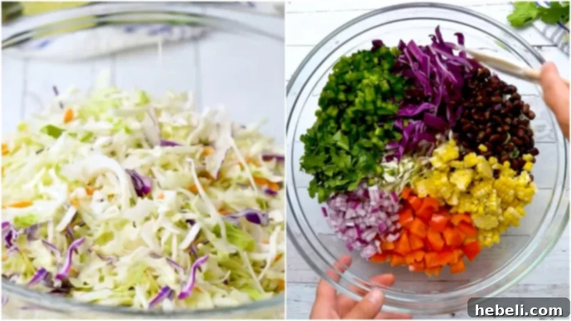 All the vibrant coleslaw ingredients, including cabbage, black beans, corn, and peppers, ready in a large bowl before dressing.