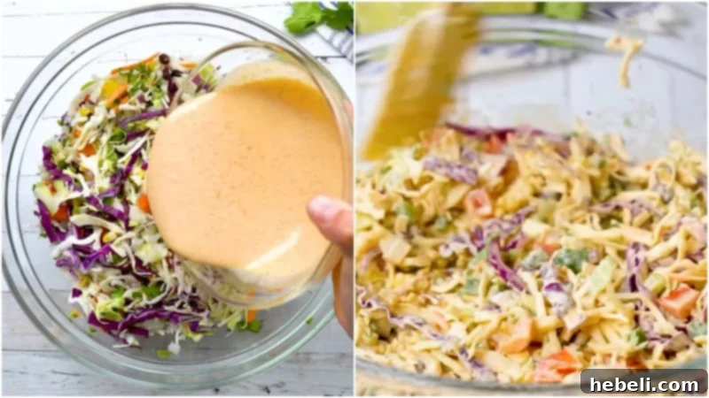 The creamy Mexican coleslaw dressing being mixed into the bowl of fresh ingredients.
