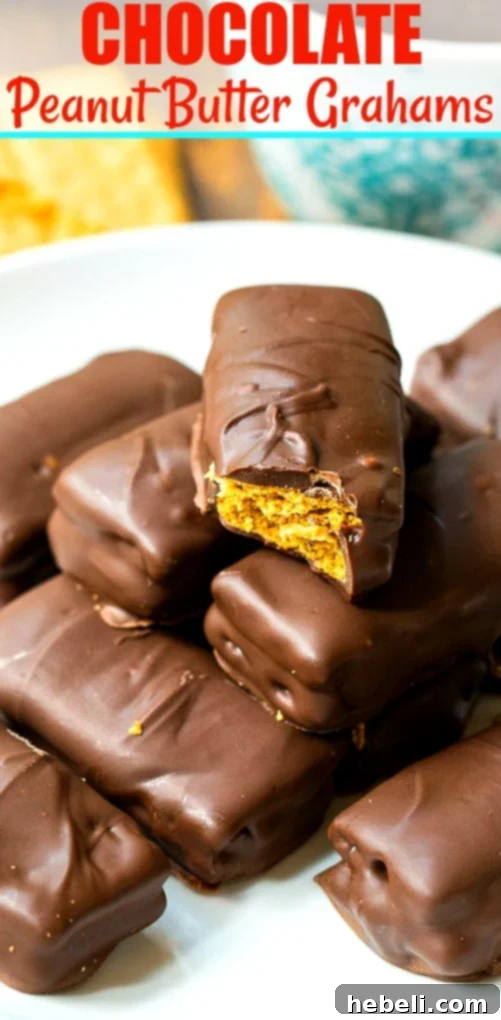 Decadent Chocolate Peanut Butter Graham Bites 10 A stack of delicious Chocolate Peanut Butter Grahams with a 'pin' icon, indicating they are shareable on social media.