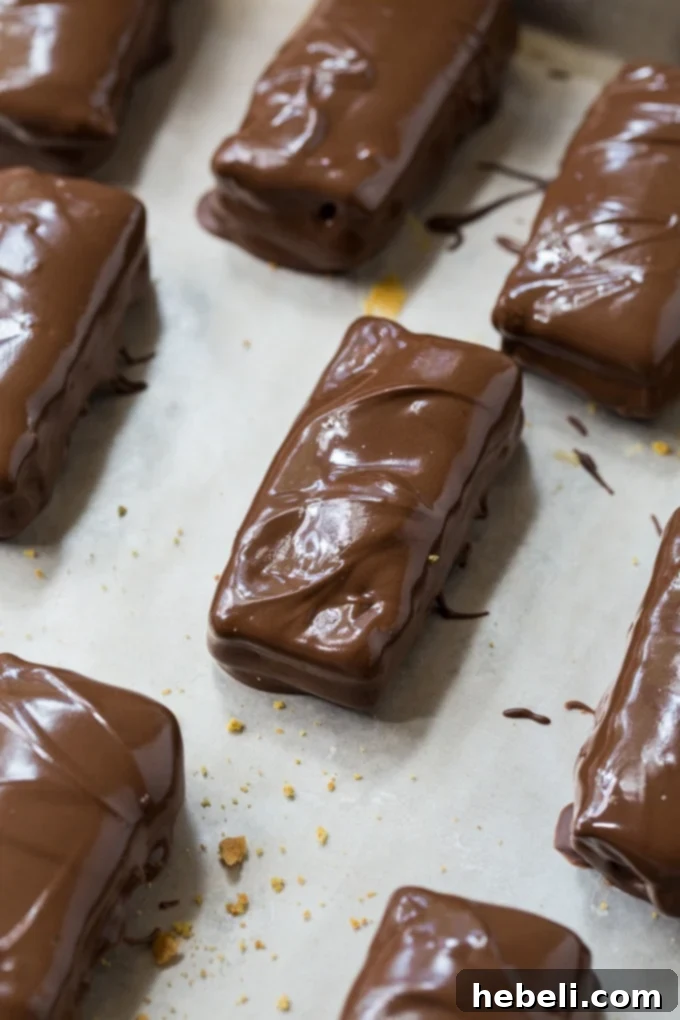 Decadent Chocolate Peanut Butter Graham Bites 4 Finished chocolate-coated graham cracker sandwiches, perfectly set and ready to eat.