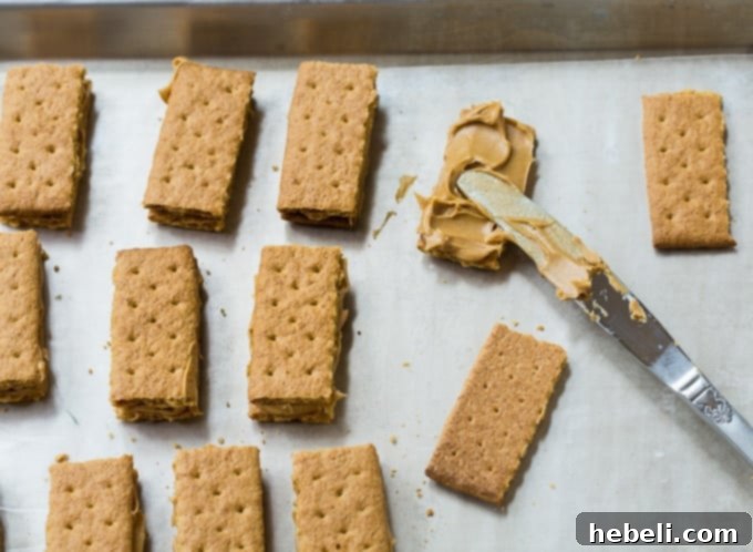 Decadent Chocolate Peanut Butter Graham Bites 5 Step-by-step: Spreading creamy peanut butter onto a graham cracker rectangle.