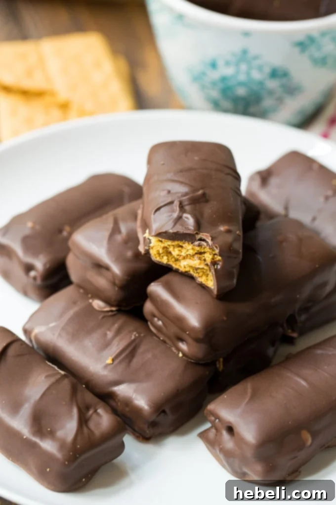 Decadent Chocolate Peanut Butter Graham Bites 8 Close-up of a stack of Chocolate Peanut Butter Graham Crackers, perfect for sharing.
