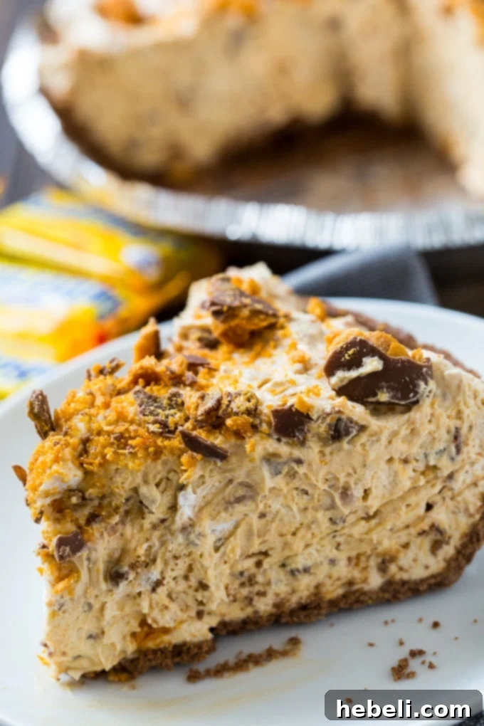 Close-up of the Butterfinger Pie recipe, showing the creamy filling and crushed candy topping.