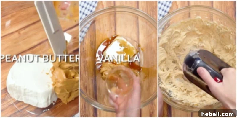 Mixing peanut butter and cream cheese together in a bowl.