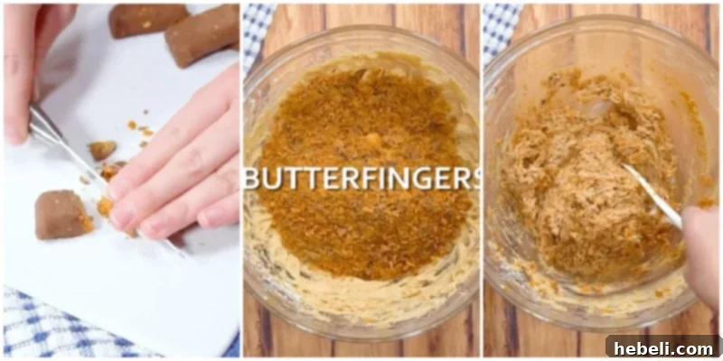 Mixing in crushed Butterfingers into the pie filling.