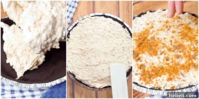 Transferring the filling to the pie crust.