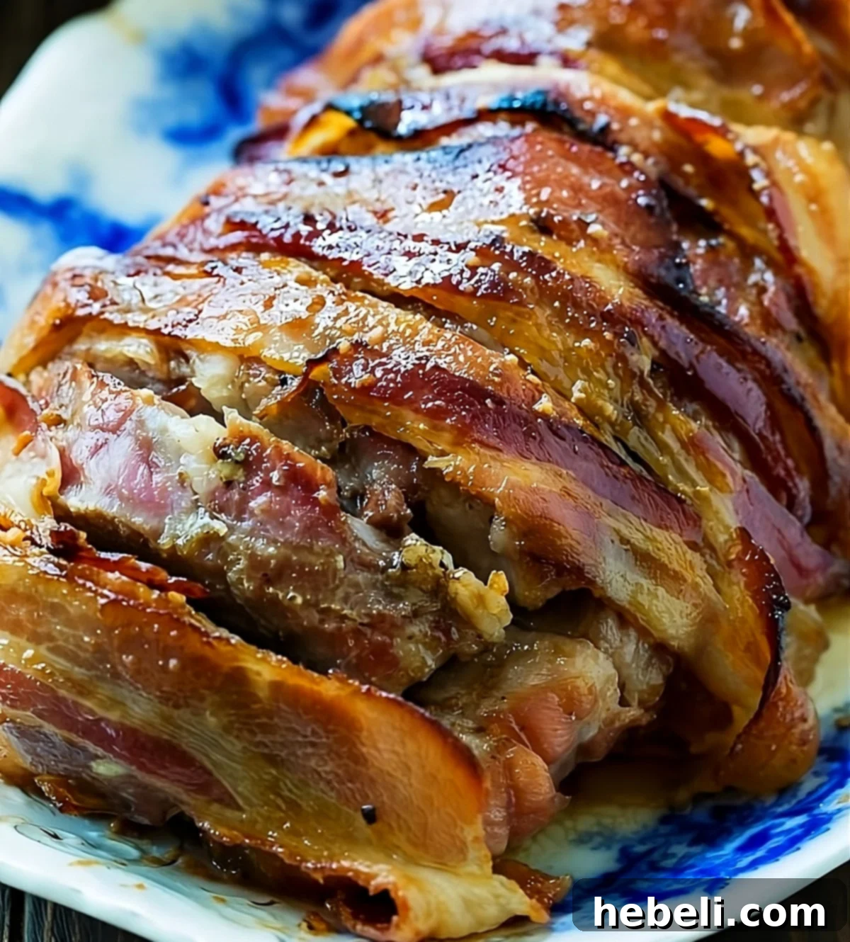Slices of Bacon Wrapped Maple Glazed Pork Loin on a serving platter.