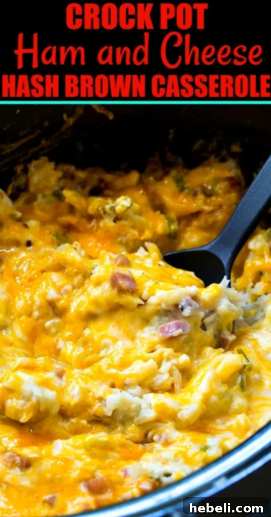 Large slow cooker filled with golden brown, bubbling ham and cheese hash brown casserole, steaming gently.