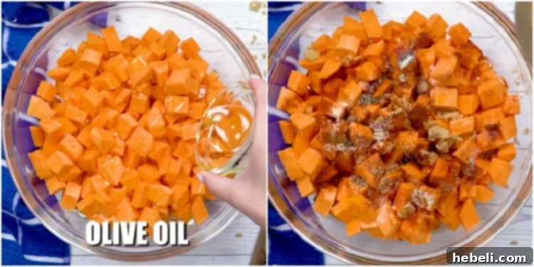 Sweet Heat Roasted Sweet Potatoes 3 Drizzling sweet potatoes with olive oil and adding the blend of chili powder, paprika, cayenne pepper, onion powder, black pepper, and brown sugar