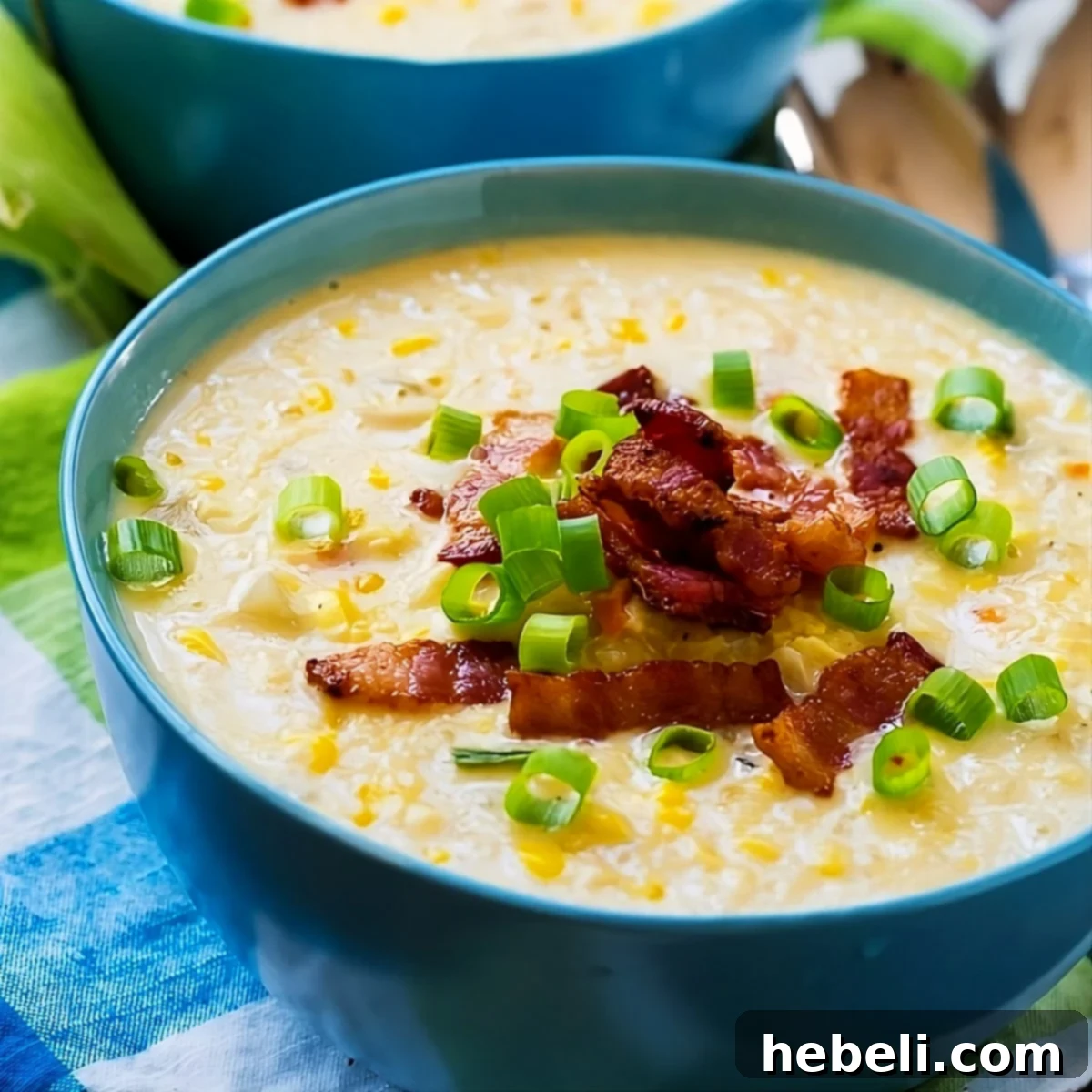 Creamy Crock Pot Corn Chowder topped with crumbled bacon in a white bowl.