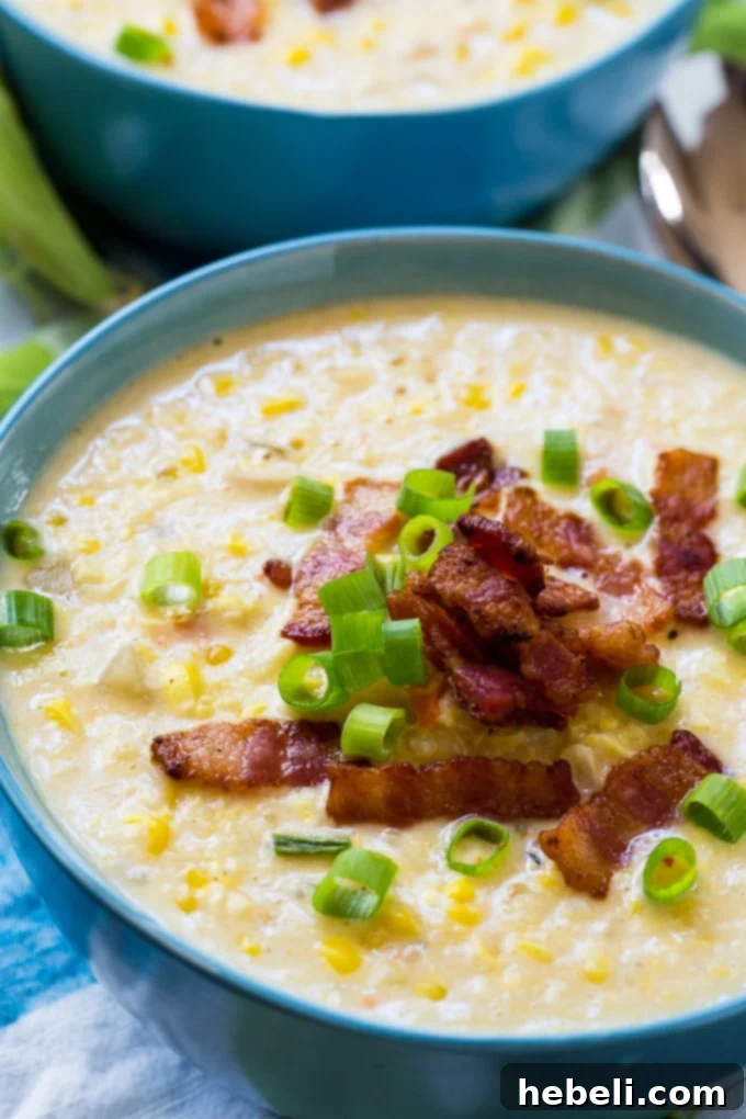 A serving of Slow Cooker Corn Chowder with a spoon.