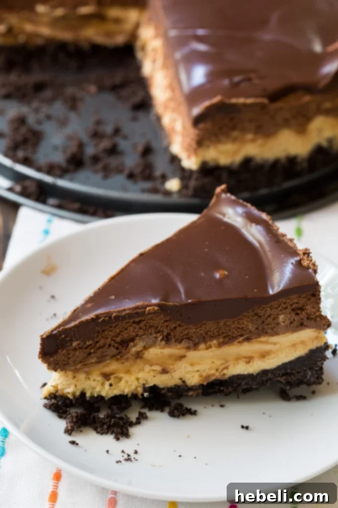 Close-up of the Chocolate and Peanut Butter Mousse Cheesecake, showing the smooth ganache and creamy layers.