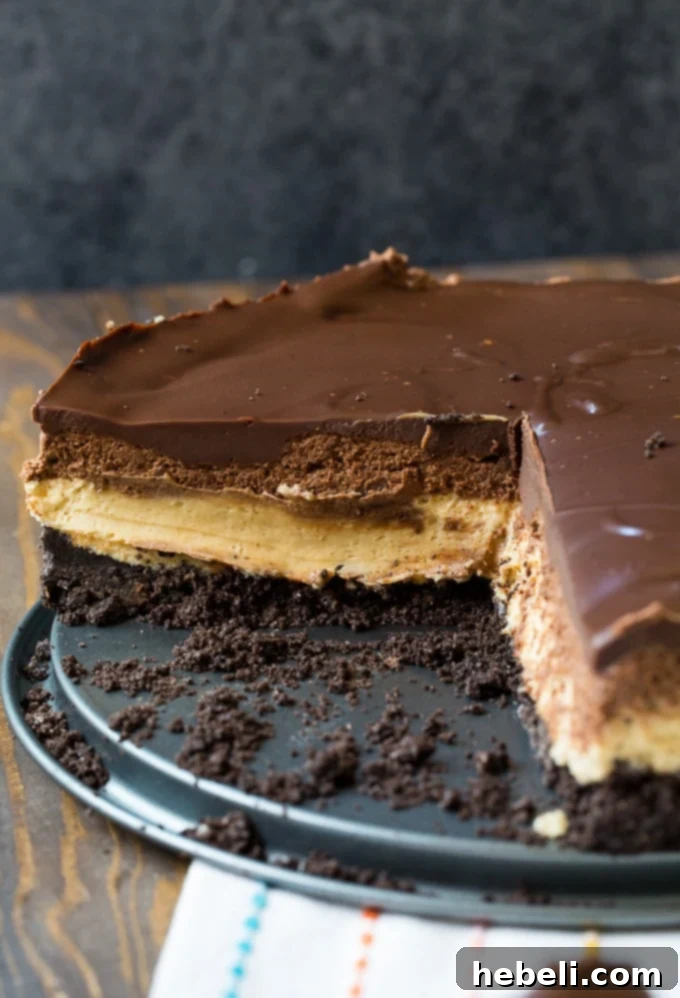 A whole Chocolate and Peanut Butter Mousse Cheesecake, ready to be sliced and served.