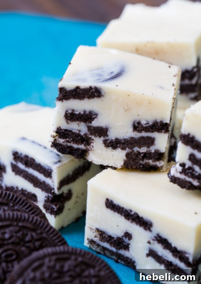 Close-up of Cookies and Cream Fudge showing Oreo pieces