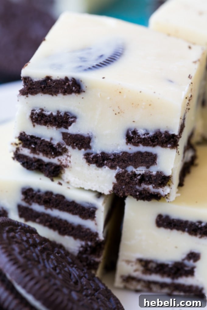 Finished Cookies and Cream Fudge squares ready to serve