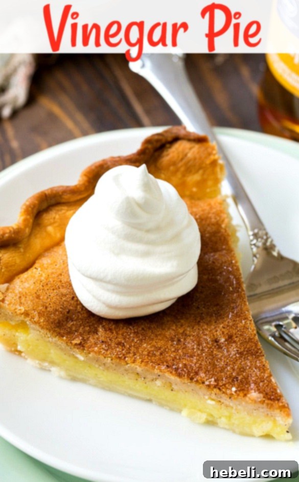 Slice of Vinegar Pie with whipped cream on top, ready to serve.