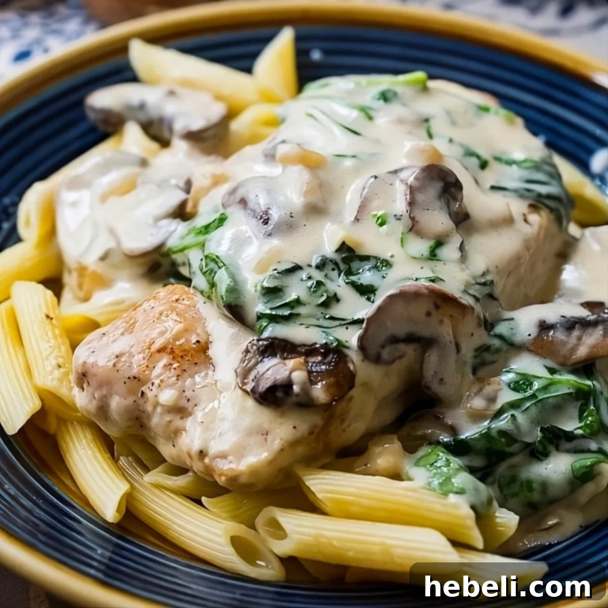 Creamy Parmesan Pork Chop served elegantly over a bed of pasta, showcasing the rich, glistening sauce and tender meat, garnished with fresh herbs.