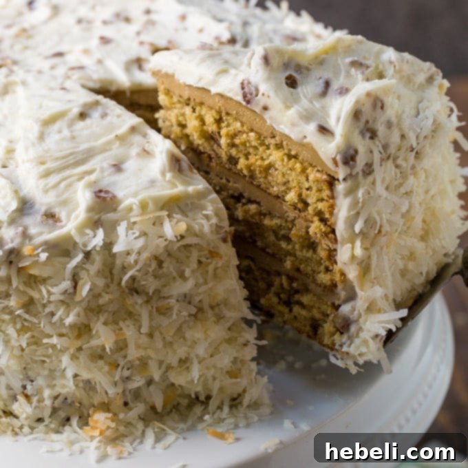 Delicious and moist Caramel Italian Cream Cake ready to be served