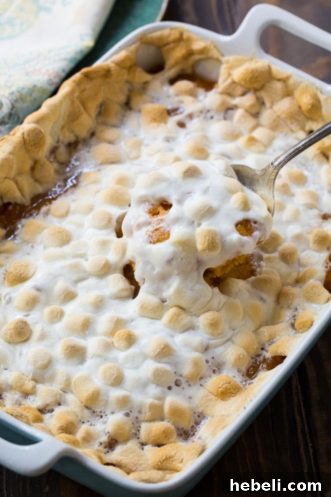 A close-up of baked Sweet Potato Casserole with a perfectly golden marshmallow topping, ready to be served.