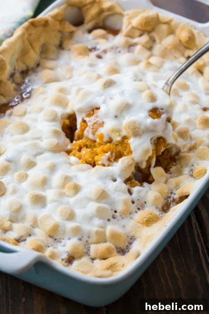 Overhead view of Sweet Potato Casserole featuring perfectly melted and toasted marshmallow topping, showcasing its gooey texture.