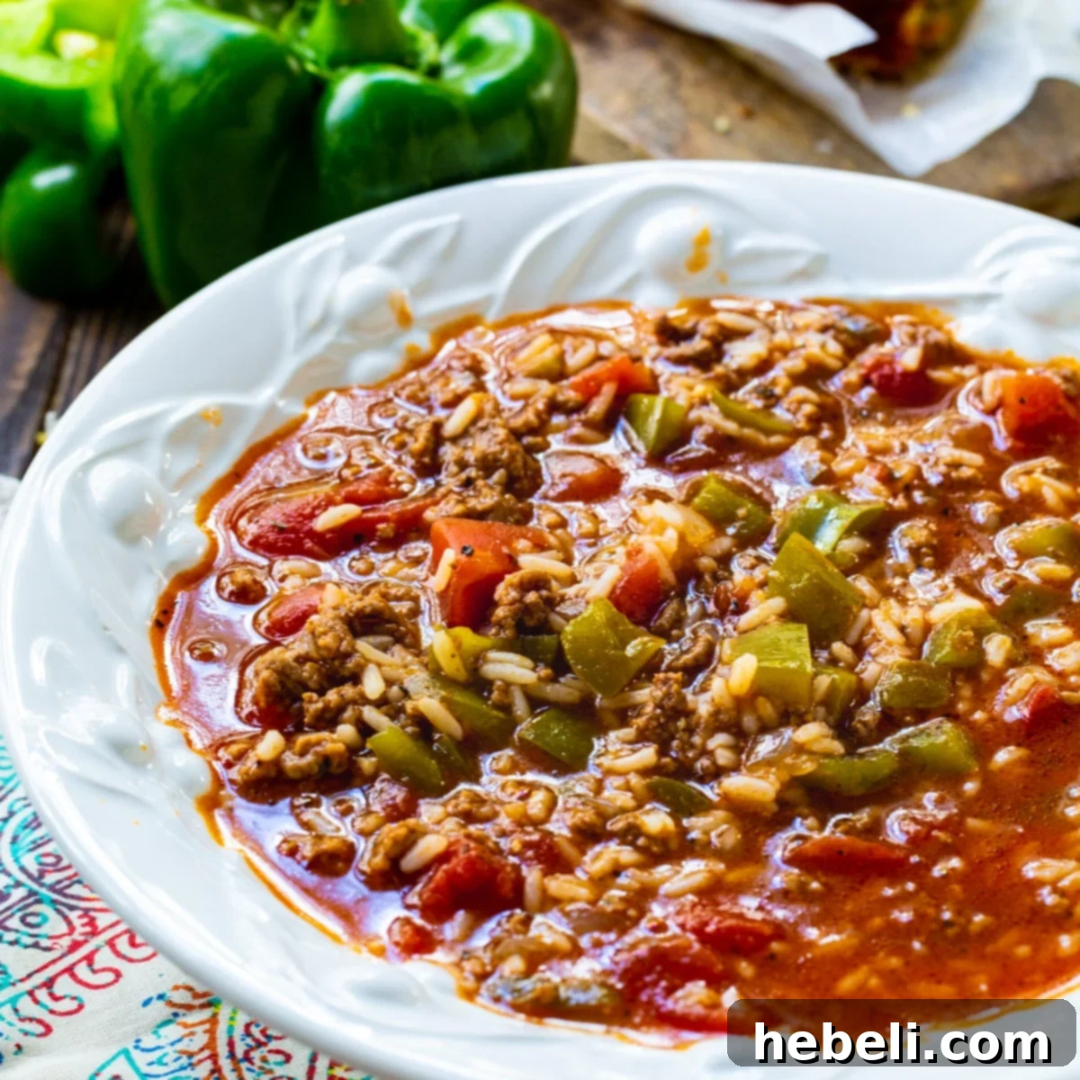 A steaming bowl full of delicious homemade Stuffed Pepper Soup