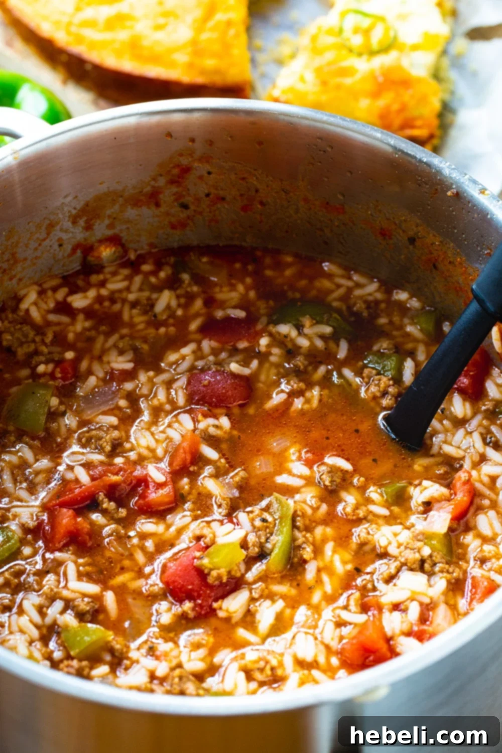 Large pot full of Stuffed Pepper Soup, steaming hot and ready to be served.