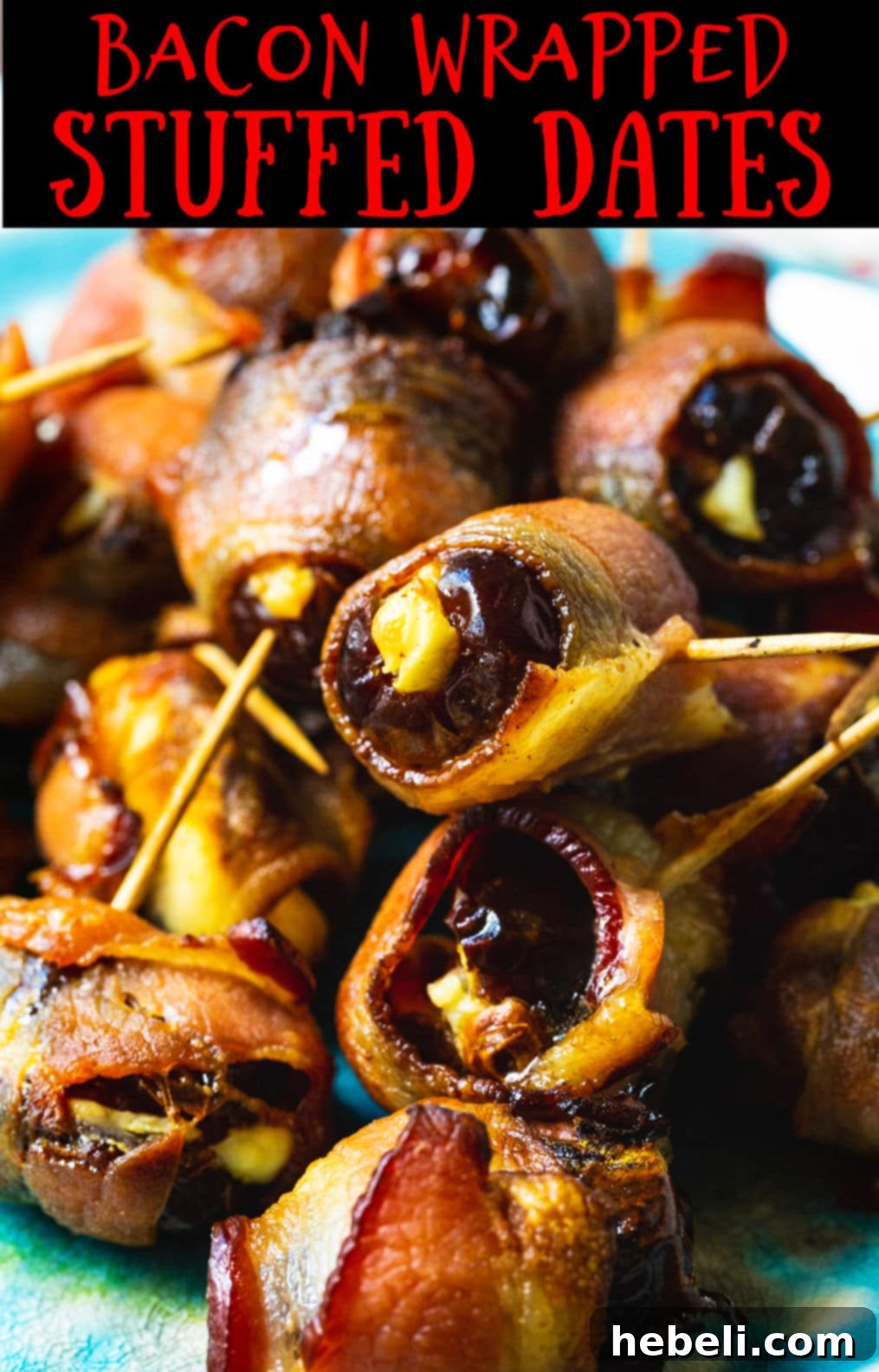 Sweet and Savory Bacon Wrapped Stuffed Dates 6 A close-up of a perfectly cooked Bacon Wrapped Stuffed Date on a serving platter, highlighting its rich textures.