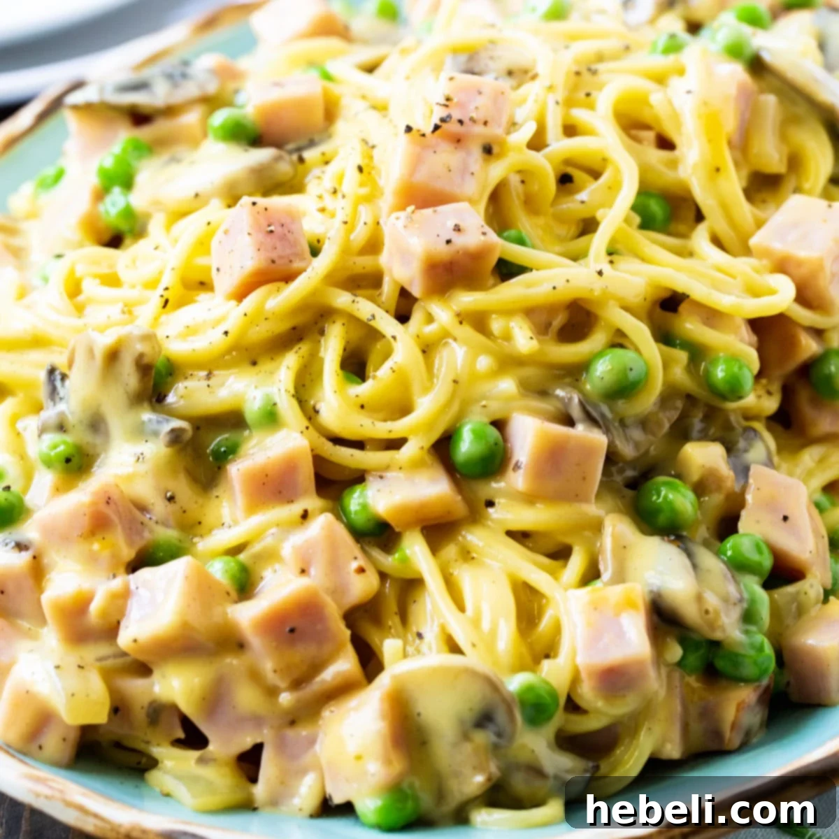 Close-up of a serving of creamy Ham Tetrazzini with golden-brown pasta, ham cubes, mushrooms, and green peas, garnished with fresh herbs, ready to be enjoyed.