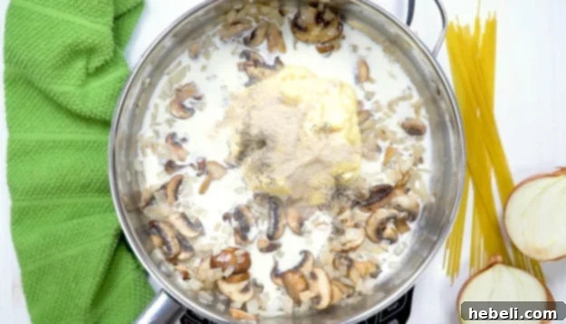A creamy mixture forming in a skillet, as condensed soup and milk are stirred together with spices.