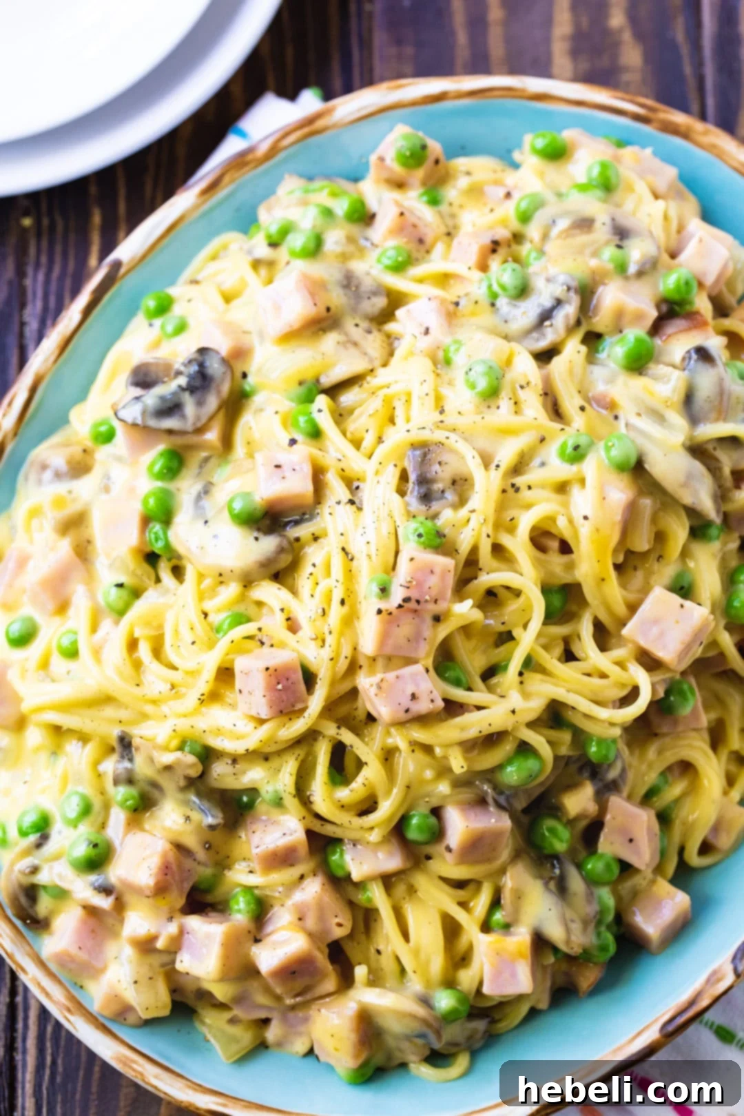 A wide shot of Ham Tetrazzini in a blue serving platter, beautifully presented and ready to be served family-style.