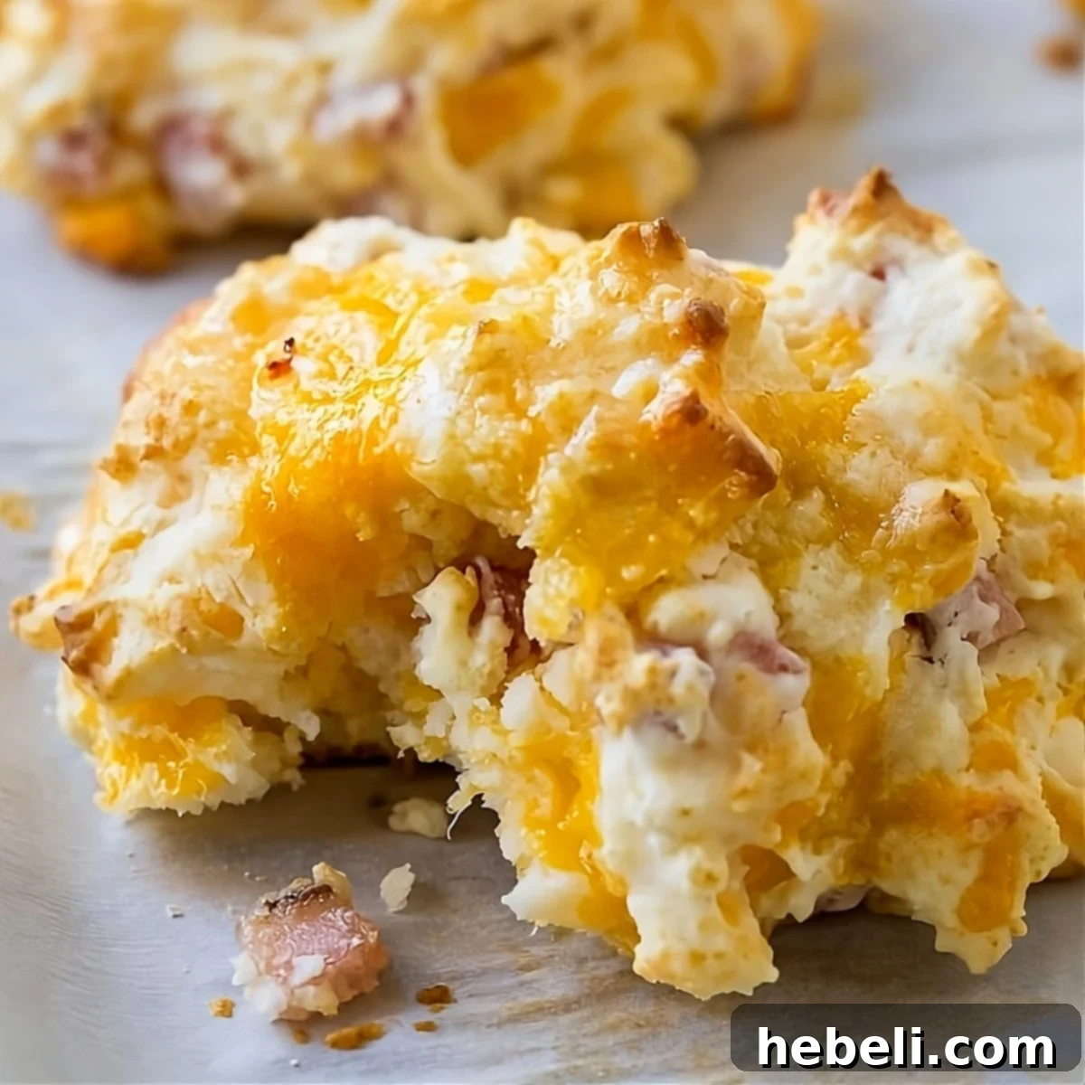 Buttery Ham and Cheddar Biscuits 2 A fluffy Ham and Cheese Biscuit with a bite taken out, showcasing the melted cheese and ham bits.