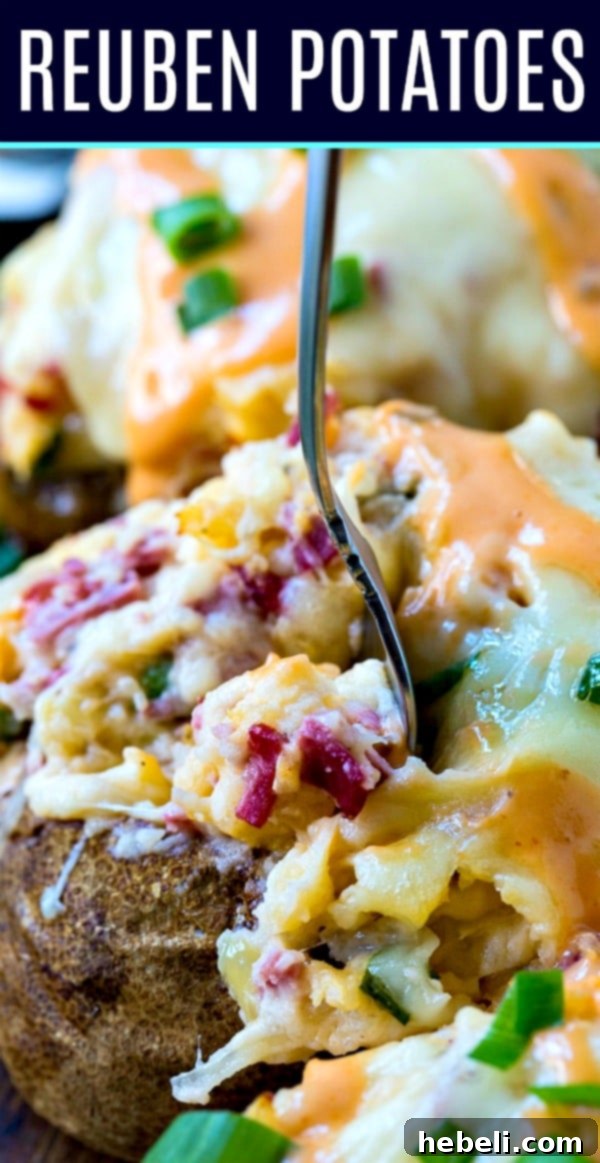 Beautifully presented Reuben Potatoes on a serving plate, garnished with fresh herbs.