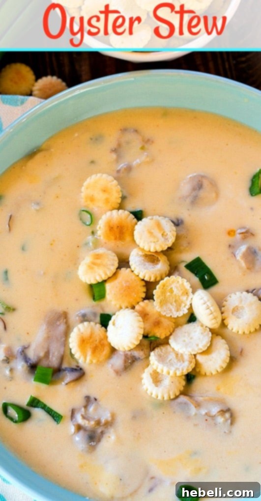 Oyster stew in a beautiful ceramic bowl, garnished with fresh herbs, served with oyster crackers