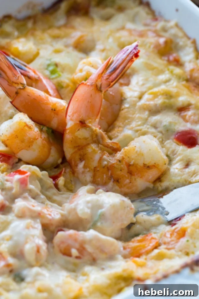 Overhead shot of freshly baked Spicy Shrimp Dip, garnished and ready to eat.