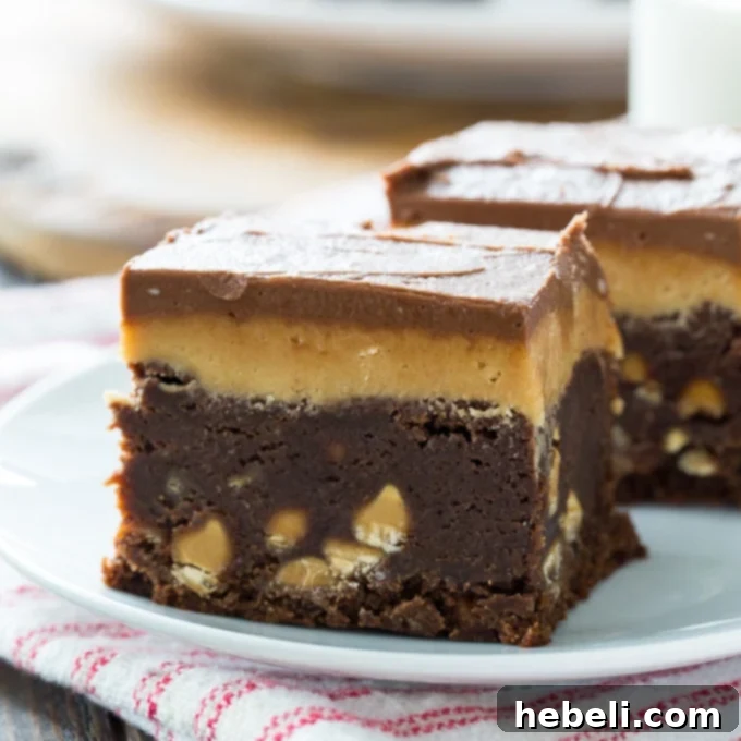 Double Frosted Peanut Butter Brownies, showcasing the fudgy texture and dual frosting layers.