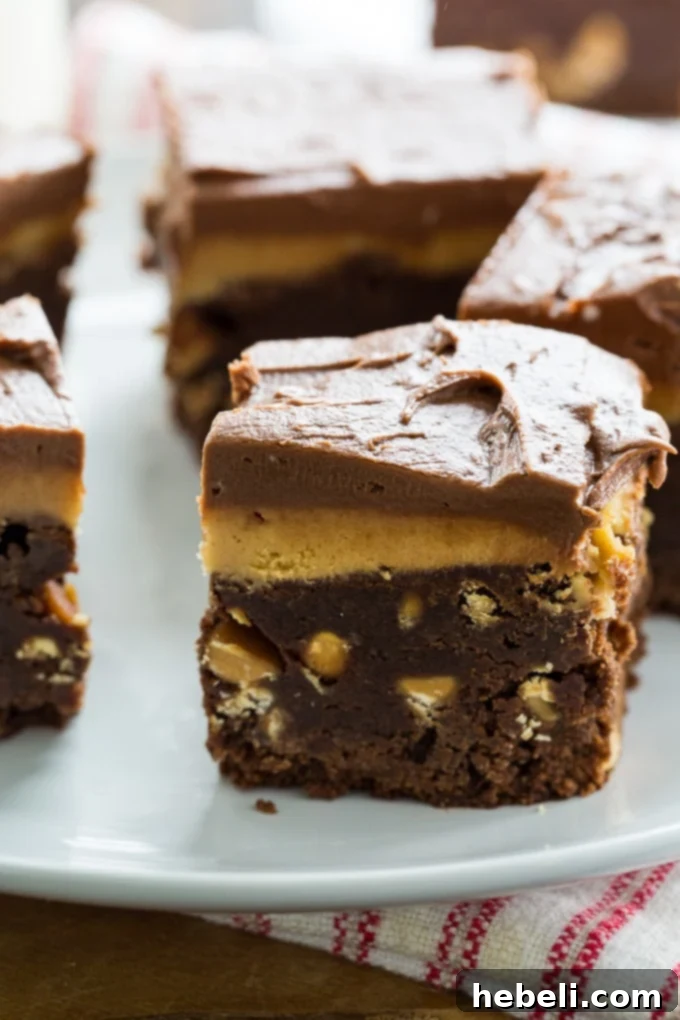 A tray of freshly baked Double Frosted Peanut Butter Brownies, perfectly frosted and ready for slicing.