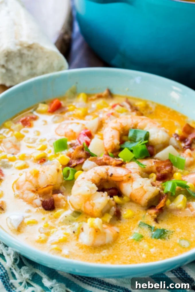 Close-up of Cajun Shrimp and Corn Chowder
