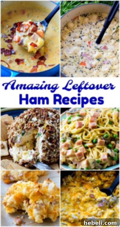 11 Brilliant Ways to Use Leftover Ham 2 A collage of various amazing leftover ham recipes including biscuits, quiche, chowder, and casseroles. Perfect for using up holiday ham after Easter or Christmas.
