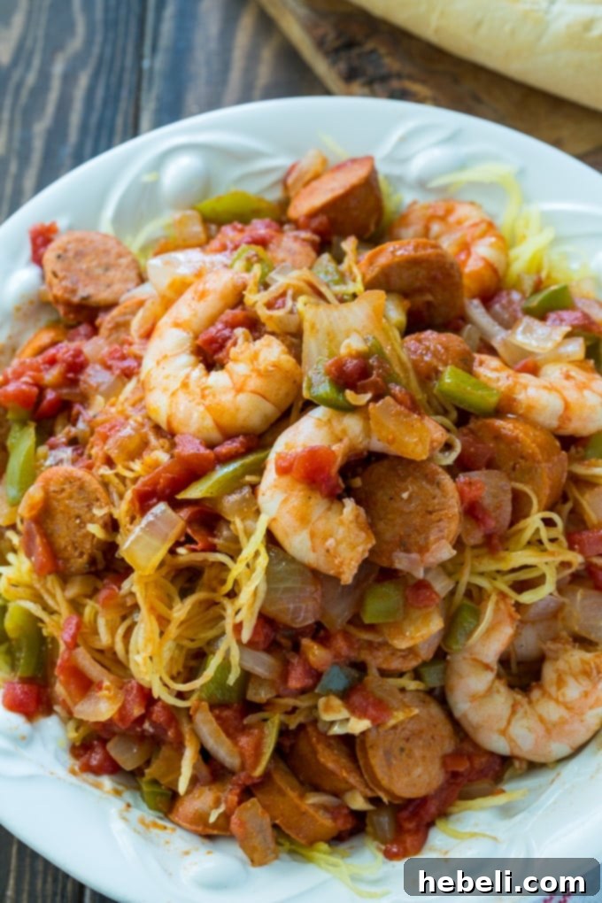 Spicy Spaghetti Squash Jambalaya served as a healthy, low-carb meal