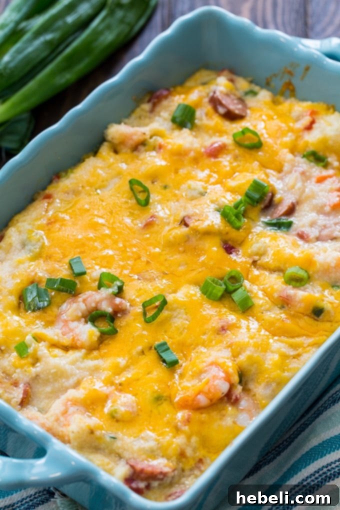 Rich and creamy Shrimp and Grits Casserole, a delightful Southern comfort food dish