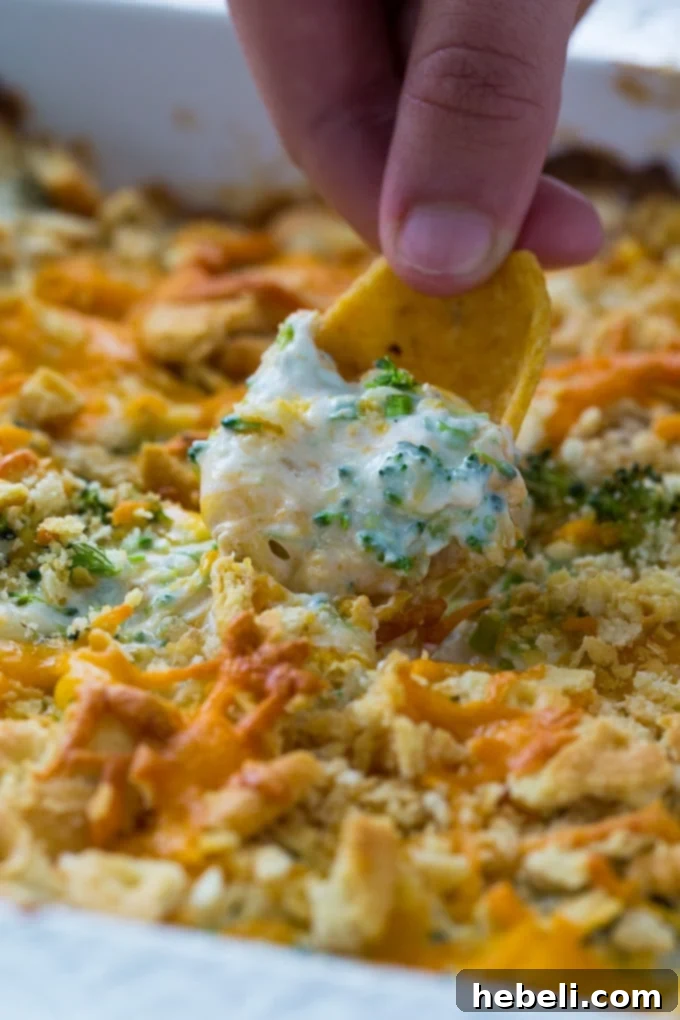 A warm, bubbling baking dish of broccoli cheese dip, garnished with fresh herbs and golden cracker topping, ready to be served.