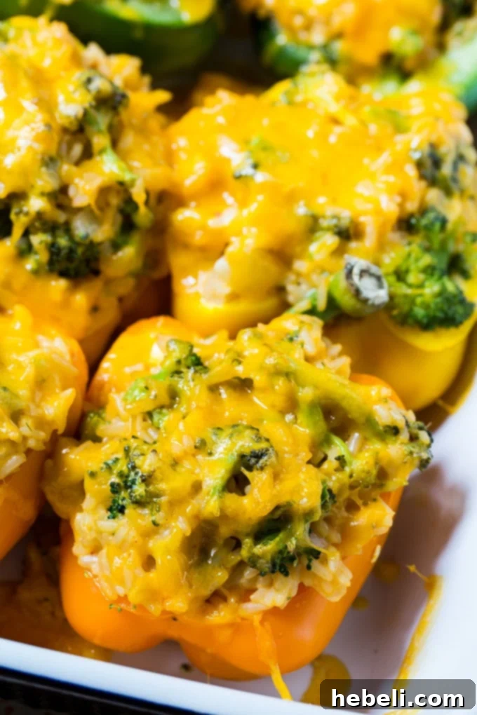 Cheesy Broccoli Pepper Boats 4 Close-up of cooked Broccoli and Cheese Stuffed Peppers